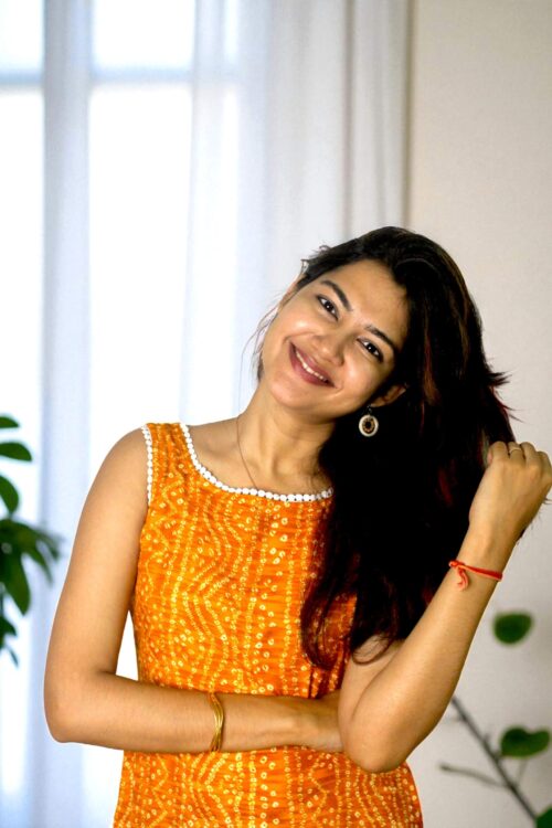Saanviya – Orange Bandhani Print Long Kurta