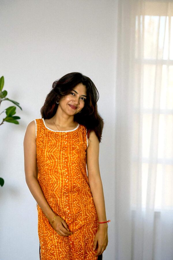 Saanviya – Orange Bandhani Print Long Kurta - Image 4