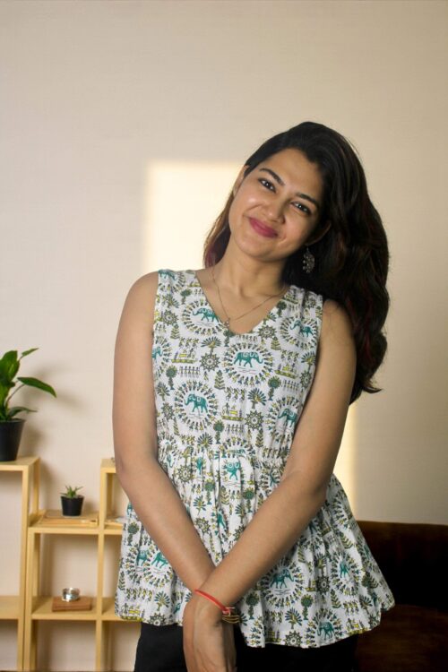 Elano – White Elephant Print Peplum Kurta Top