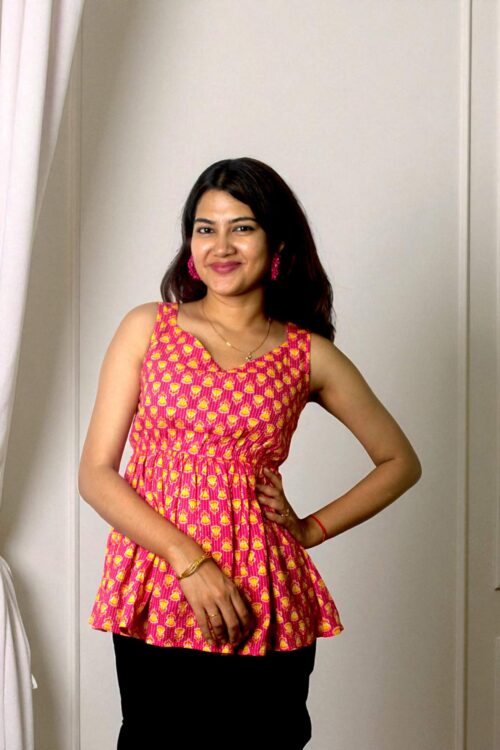 Lotara – Pink Lotus Print Peplum Kurta Top