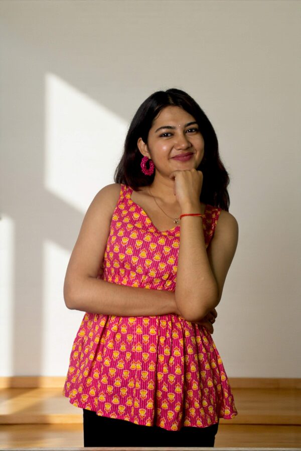 Lotara - Pink Lotus Print Peplum Kurta Top - Image 3