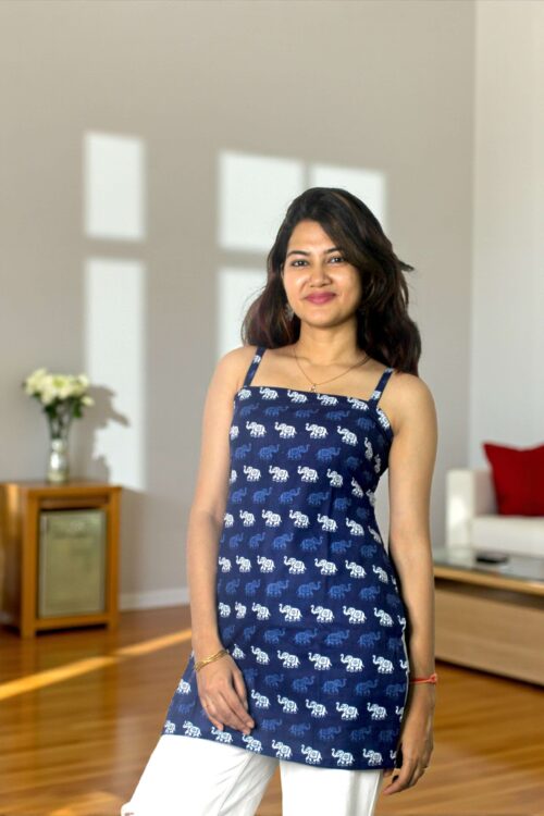 Elevara – Navy Elephant Print Tie-Back Kurta Top