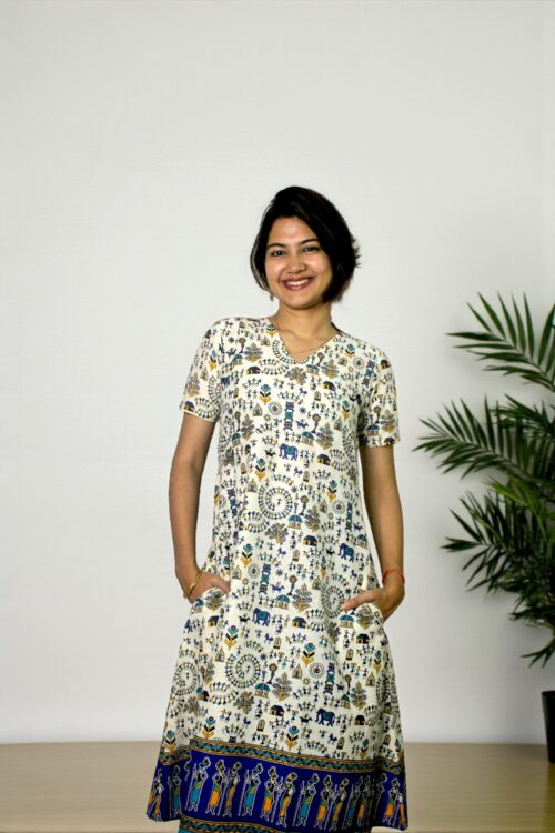 Navira – Cream Warli Print Pocket Long Kurta