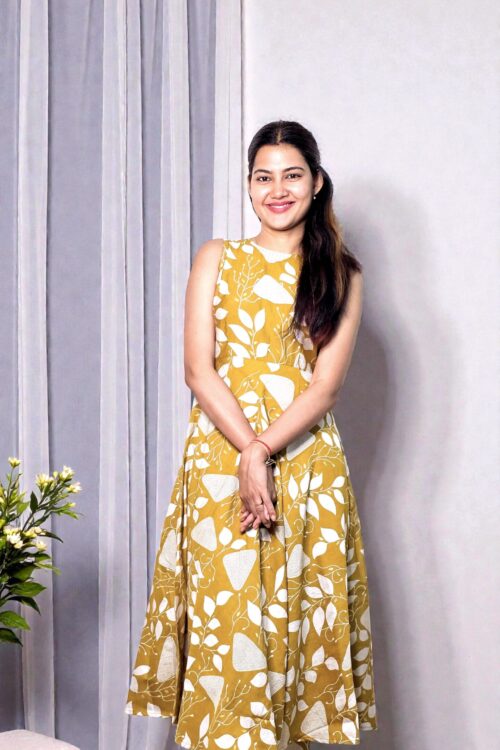 Aelira – Mustard Leaf Print Anarkali Co-ord Set