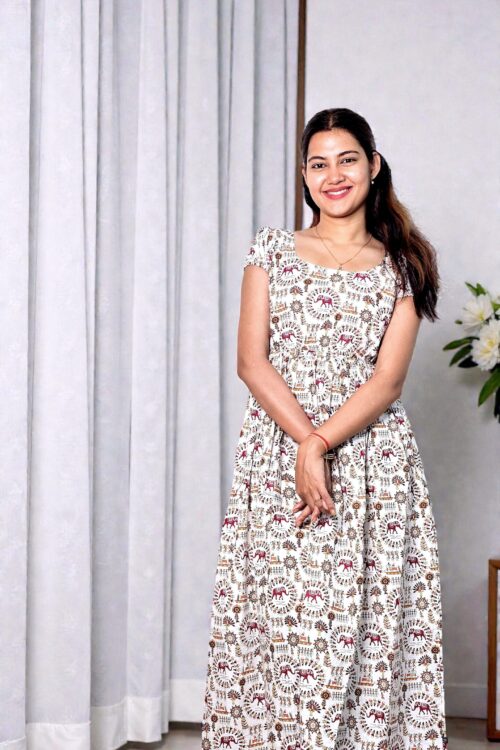 Mevara – Ivory Folk Print Cotton Dress