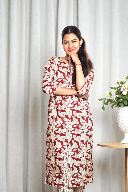 Rivara – Wine Red Floral Straight-Cut Co-ord Set