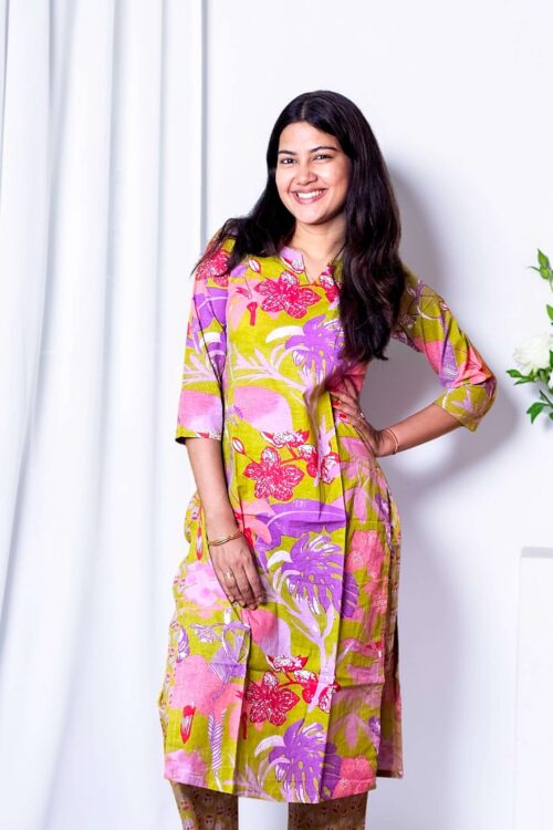 Kalvisha – Lime Bloom Premium Cotton Straight Co-ord Set