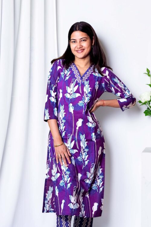 Vyshira – Royal Plum Floral Premium Cotton Straight Co-ord Set