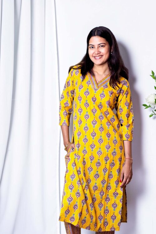 Serina – Mustard Motif Premium Cotton Straight Co-ord Set