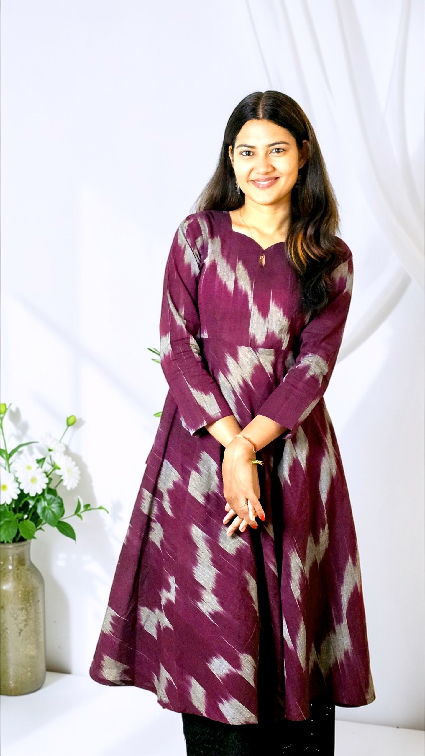 Ziranya – Wine Khadi Ikkat Flared Kurta
