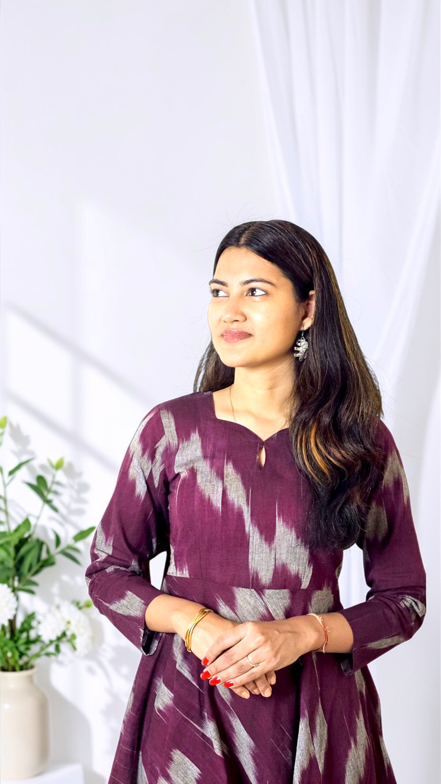 Ziranya – Wine Khadi Ikkat Flared Kurta - Image 2