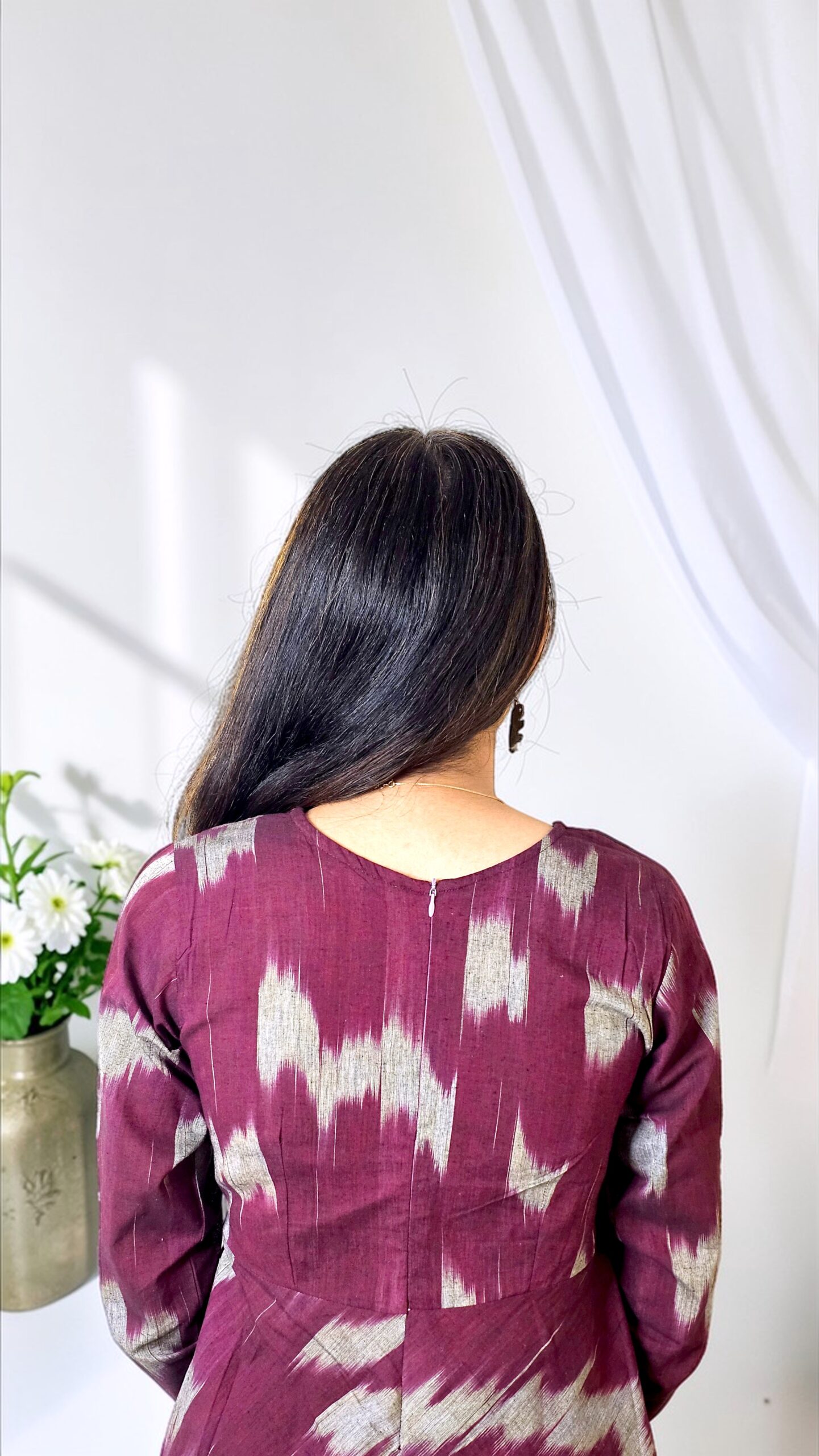 Ziranya – Wine Khadi Ikkat Flared Kurta - Image 3