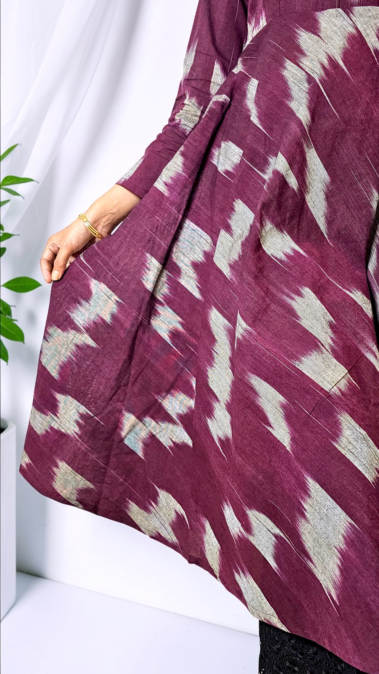Ziranya – Wine Khadi Ikkat Flared Kurta - Image 4