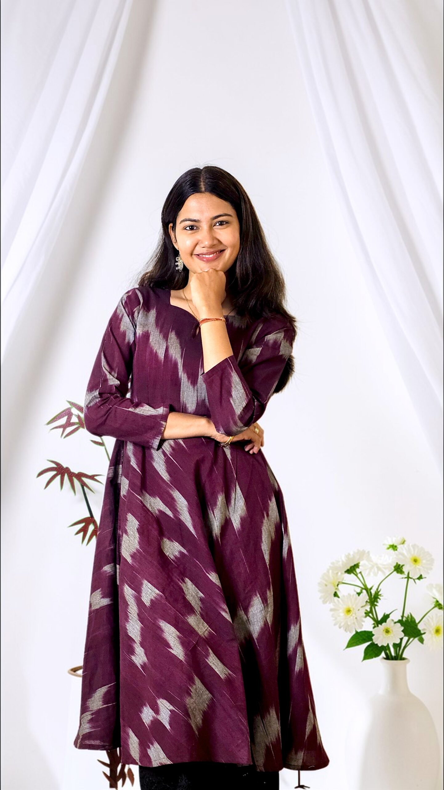 Ziranya – Wine Khadi Ikkat Flared Kurta - Image 5