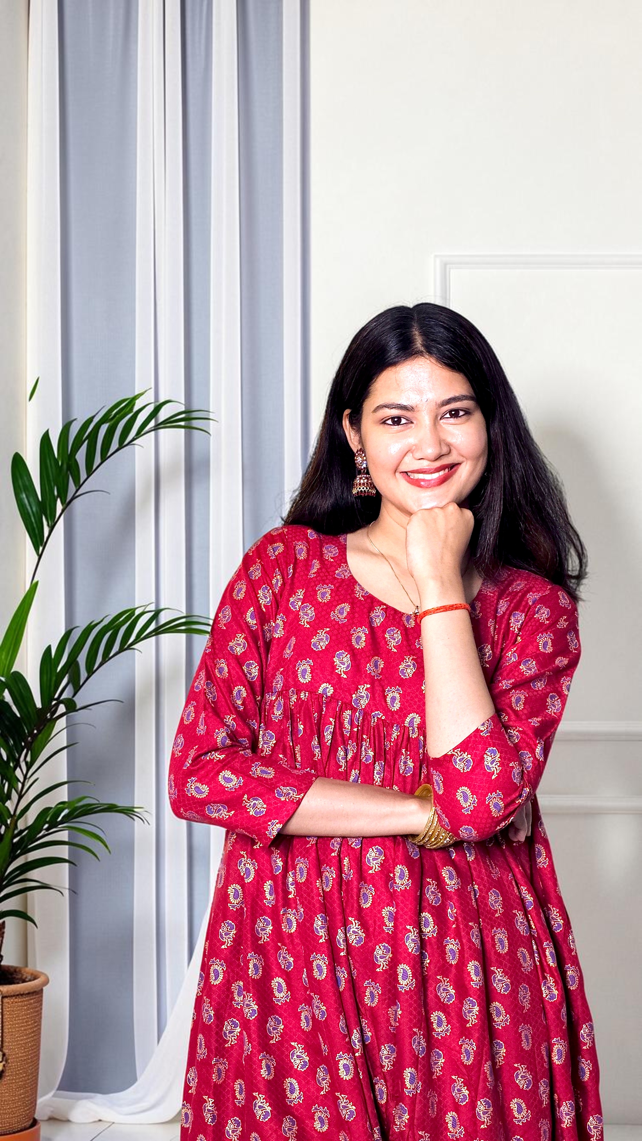 Pahili Raja – Ruby Red Printed Flared Kurta - Image 2