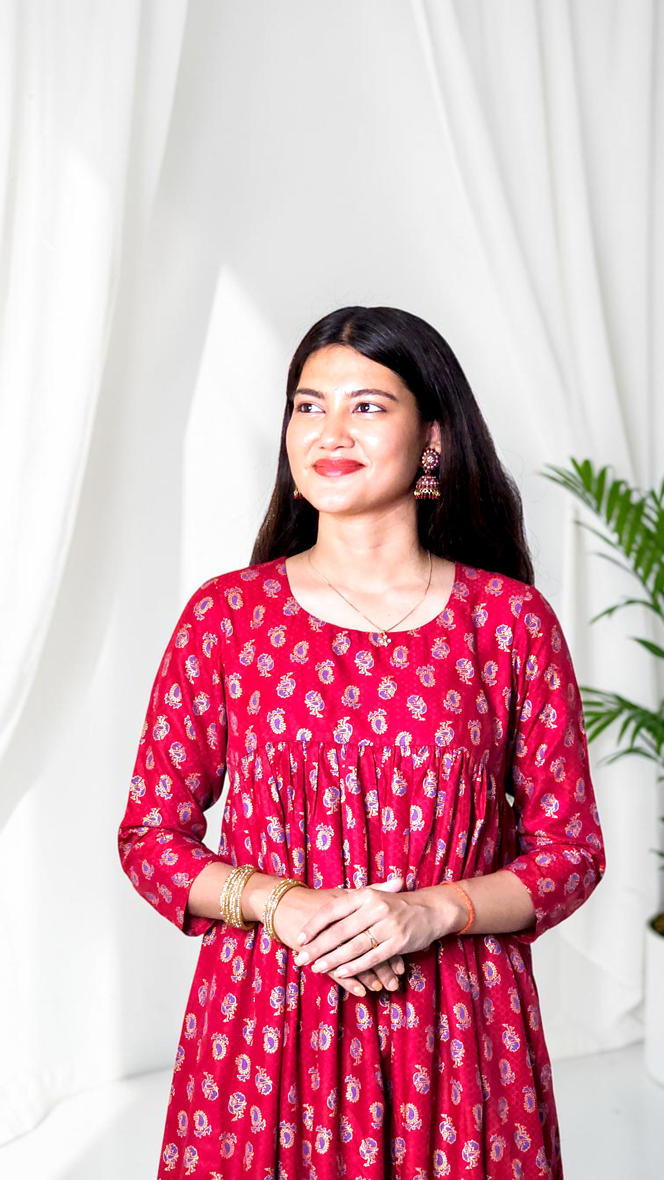 Pahili Raja – Ruby Red Printed Flared Kurta - Image 4