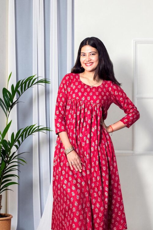 Pahili Raja – Ruby Red Printed Flared Kurta