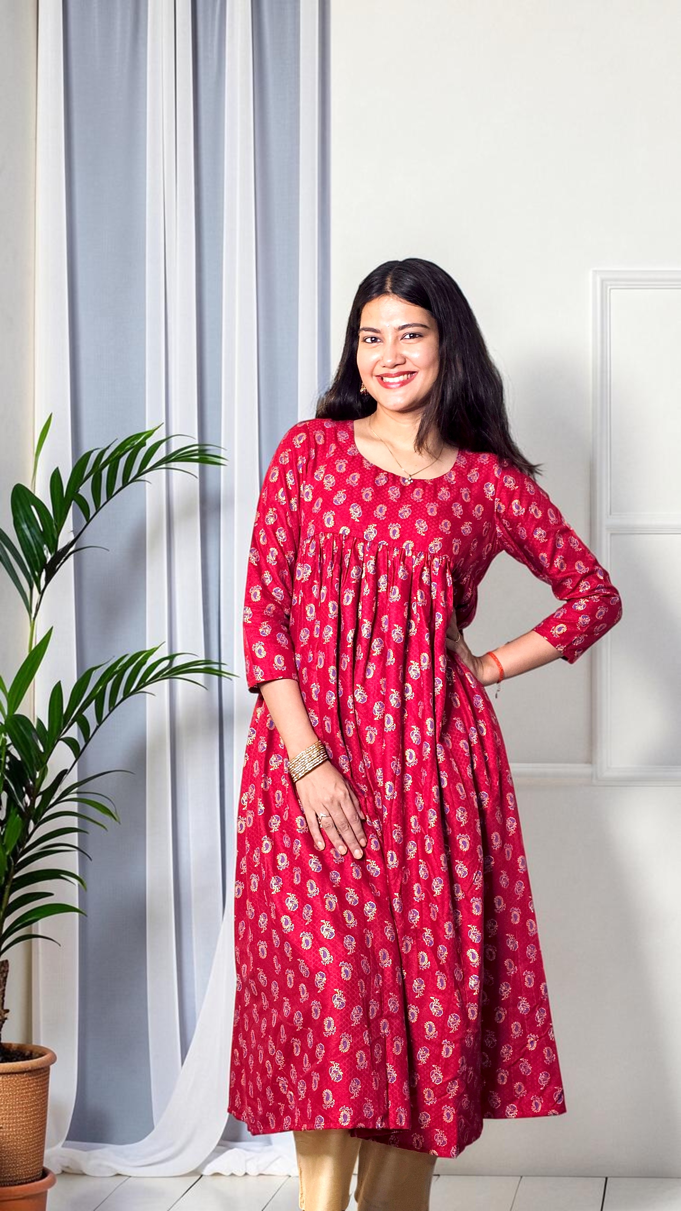 Pahili Raja – Ruby Red Printed Flared Kurta