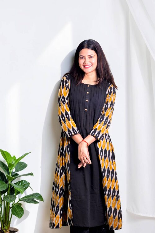 Raja Shree – Black Ikat Panel Khadi Kurta