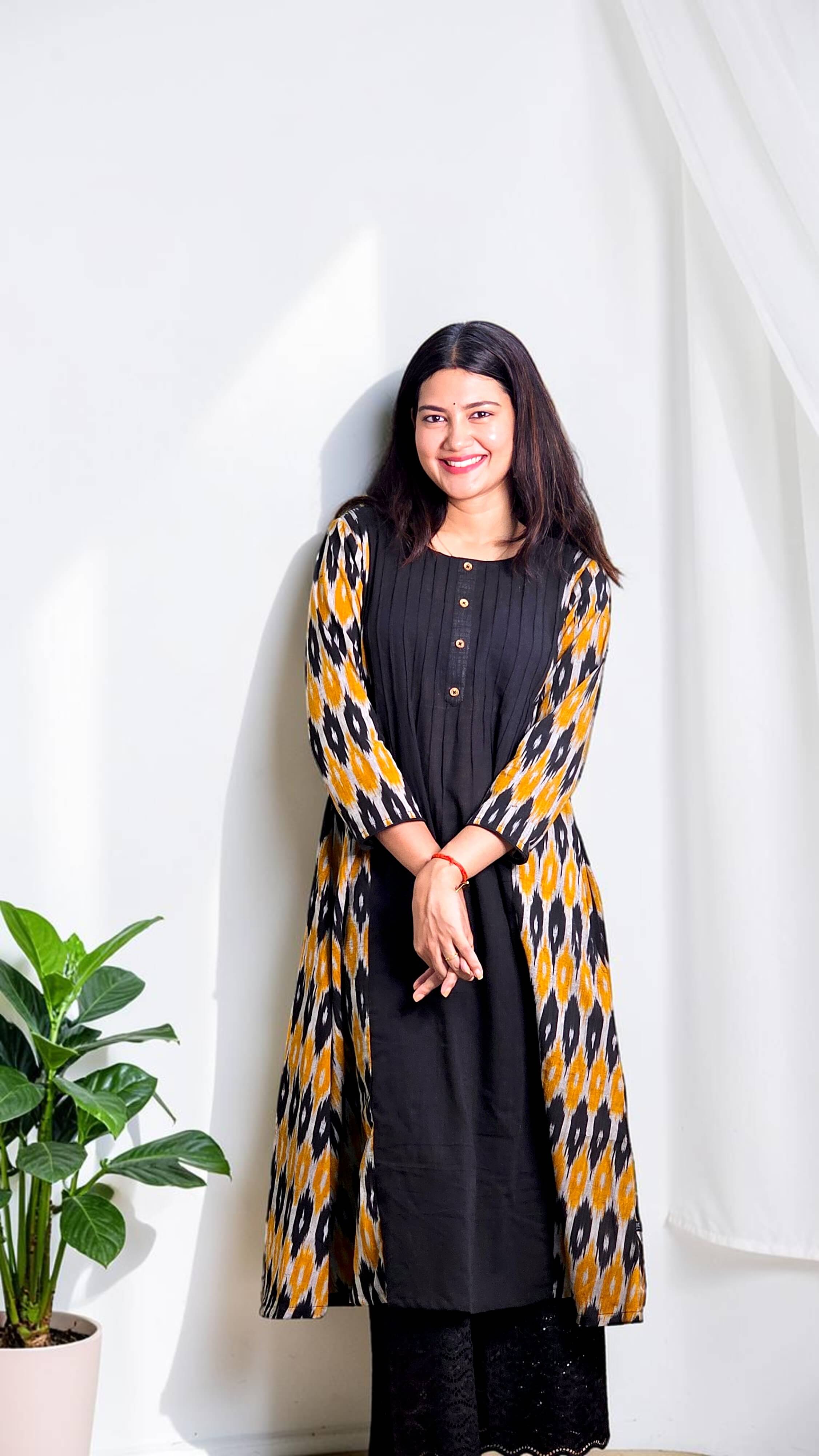 Raja Shree – Black Ikat Panel Khadi Kurta