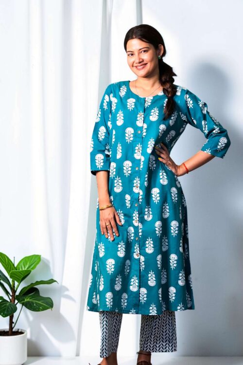 Zariya – Teal Bloom Cotton Co-Ord Set