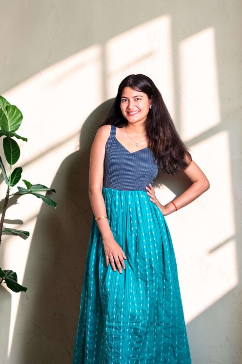 Tanti Elara – Teal Katha Cotton Maxi Dress