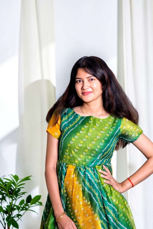 Raja Ira – Green Bandhani Flared Maxi Dress