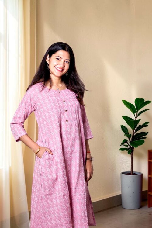Nayra – Pink Katha Cotton A-Line Kurta