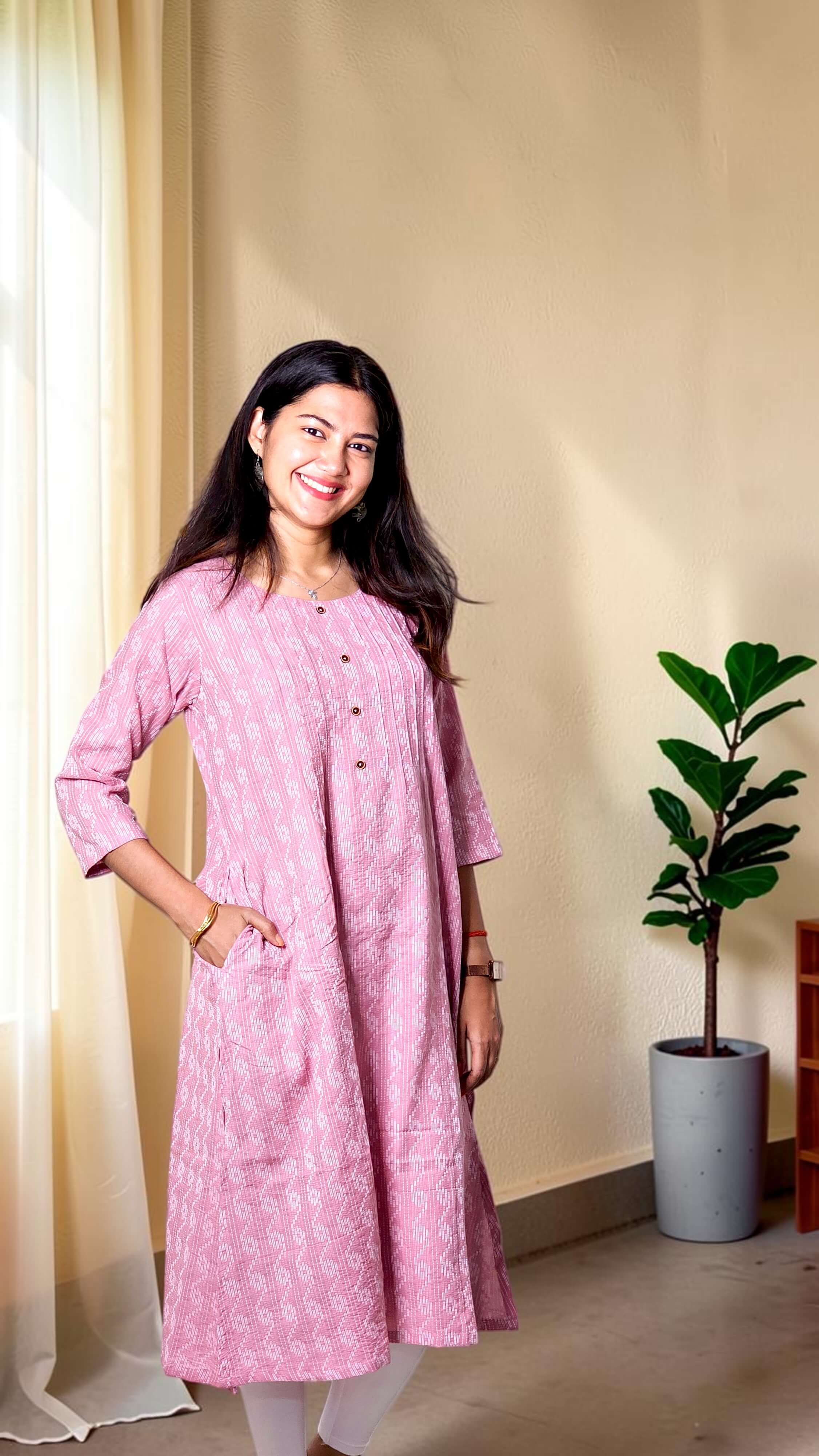 Nayra – Pink Katha Cotton A-Line Kurta