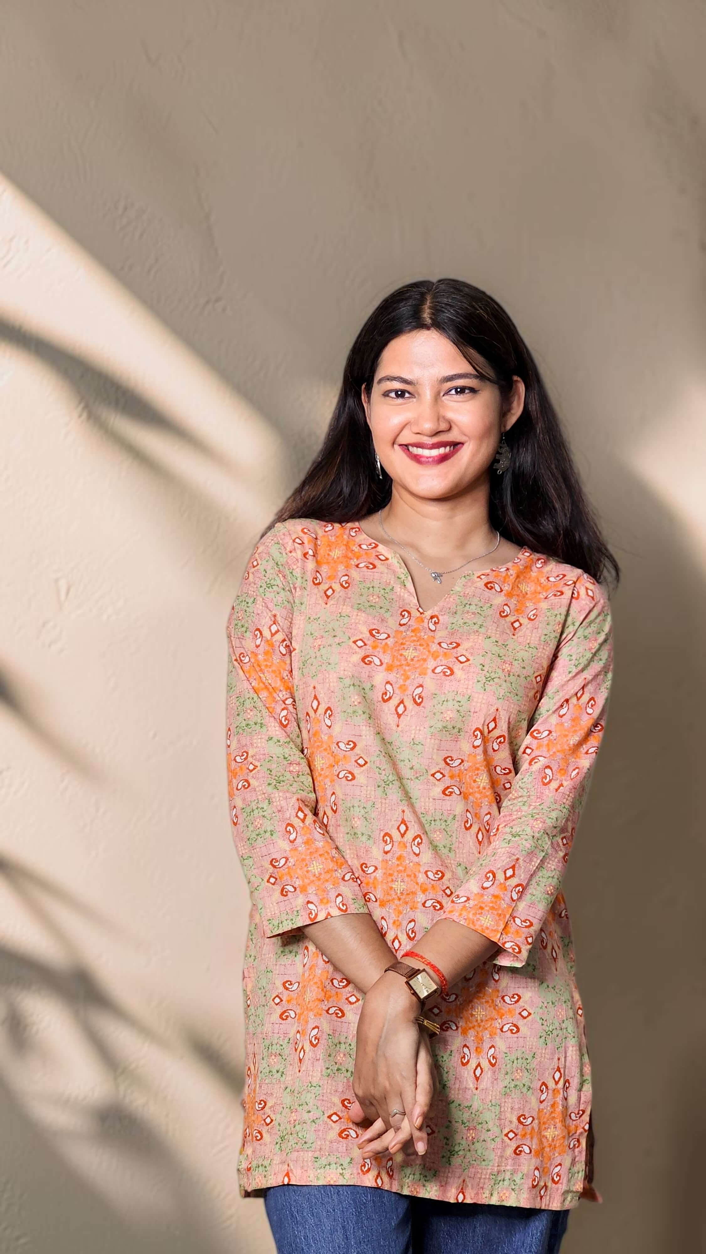 Aarini – Peach Green Printed Cotton Kurta Top