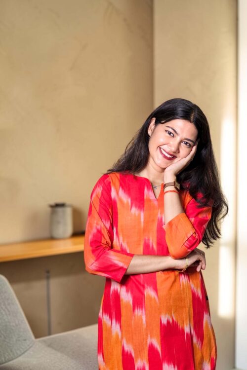 Vanya – Coral Red Ikat Print Khadi Kurta Top