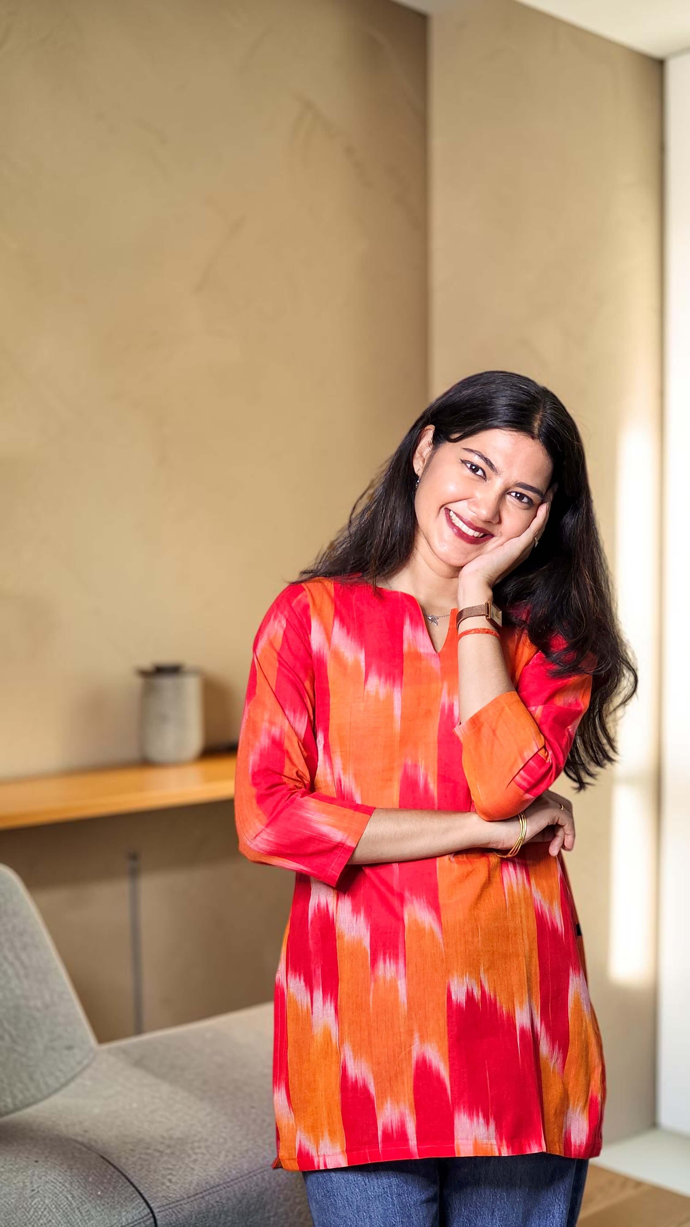 Vanya – Coral Red Ikat Print Khadi Kurta Top