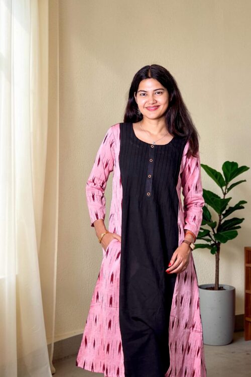 Mishara – Pink & Black Ikat Khadi Panelled Kurta