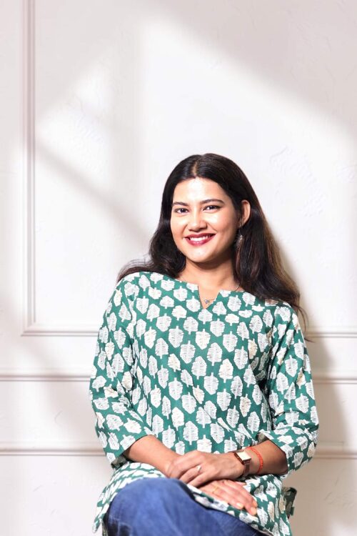 Avira – Green Leaf Print Chanderi Foil Cotton Kurta Top
