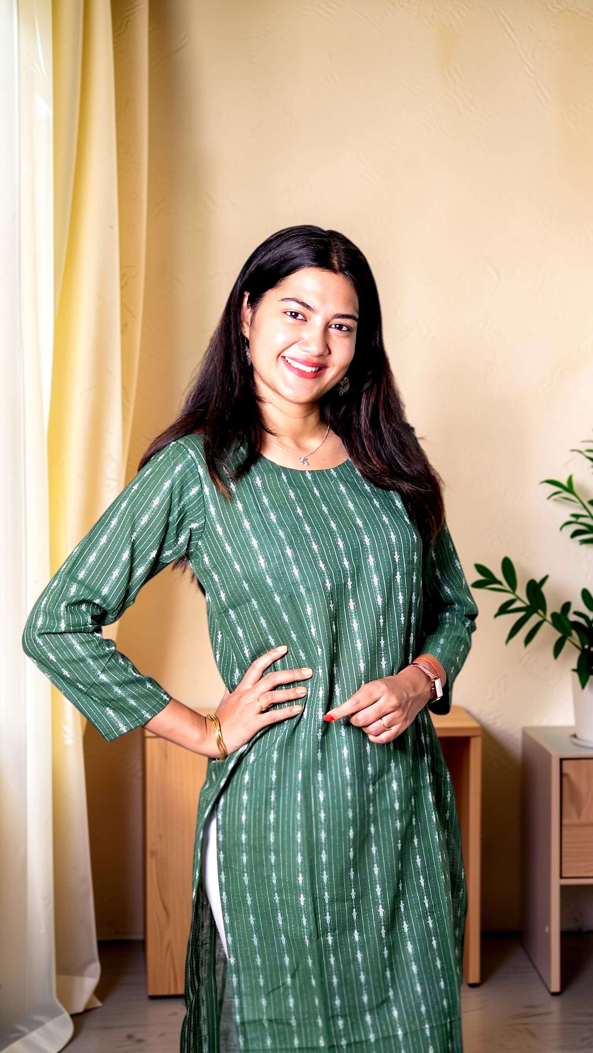 Virelia – Green Katha Cotton Straight Kurta