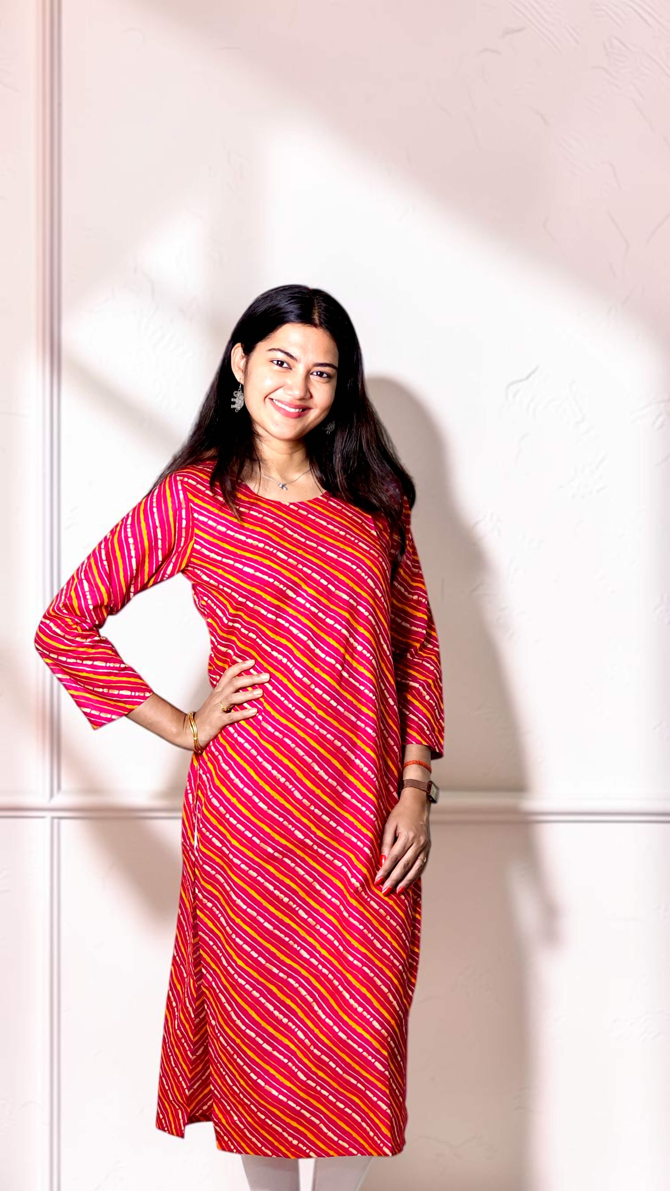 Zareva – Ruby Pink Diagonal Stripe Cotton Straight Kurta