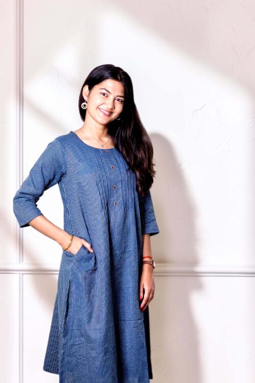 Nivara – Navy Blue Katha Cotton A-Line Kurta