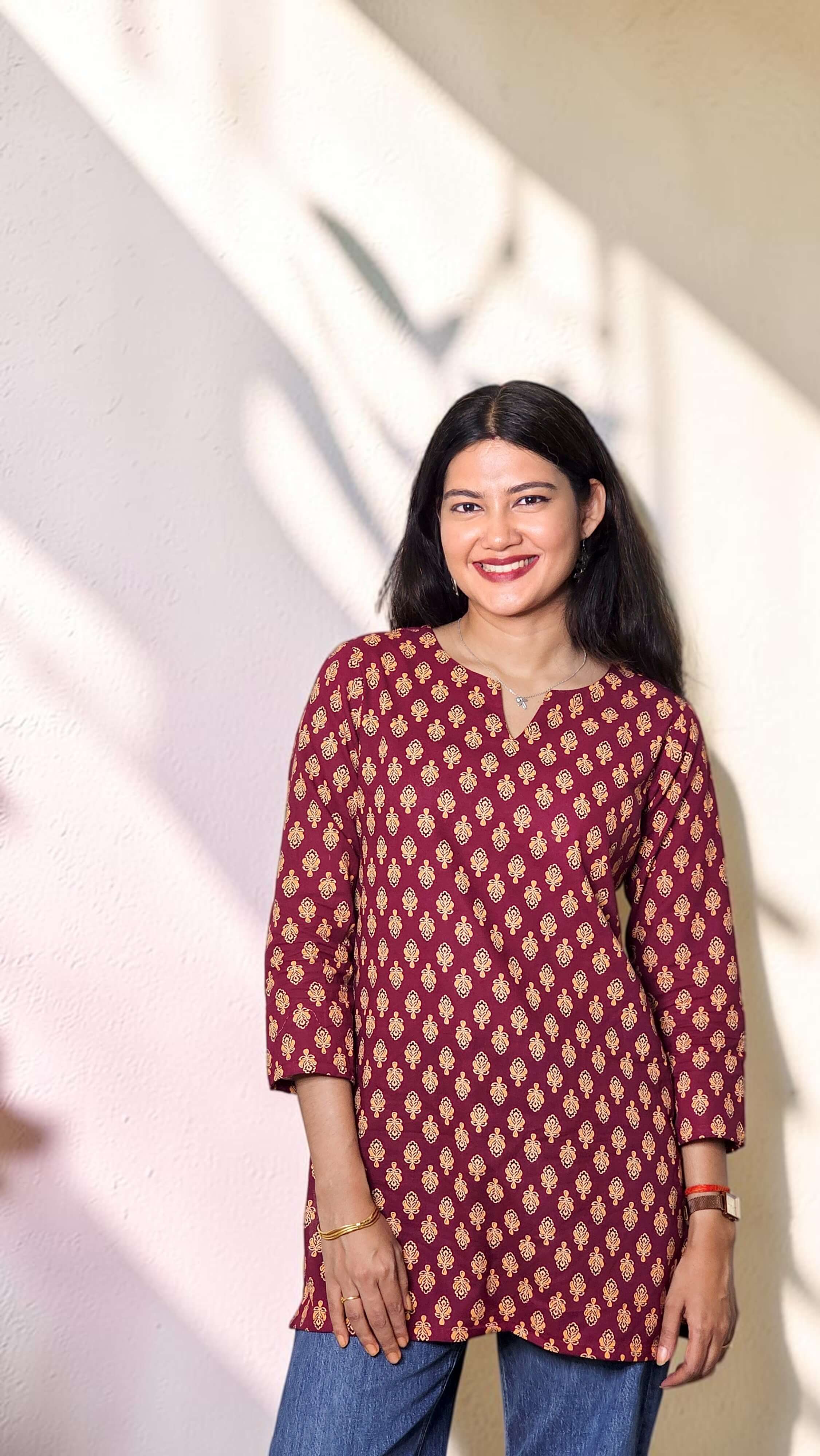 Mehira – Maroon Floral Motif Cotton Kurta Top - Image 2