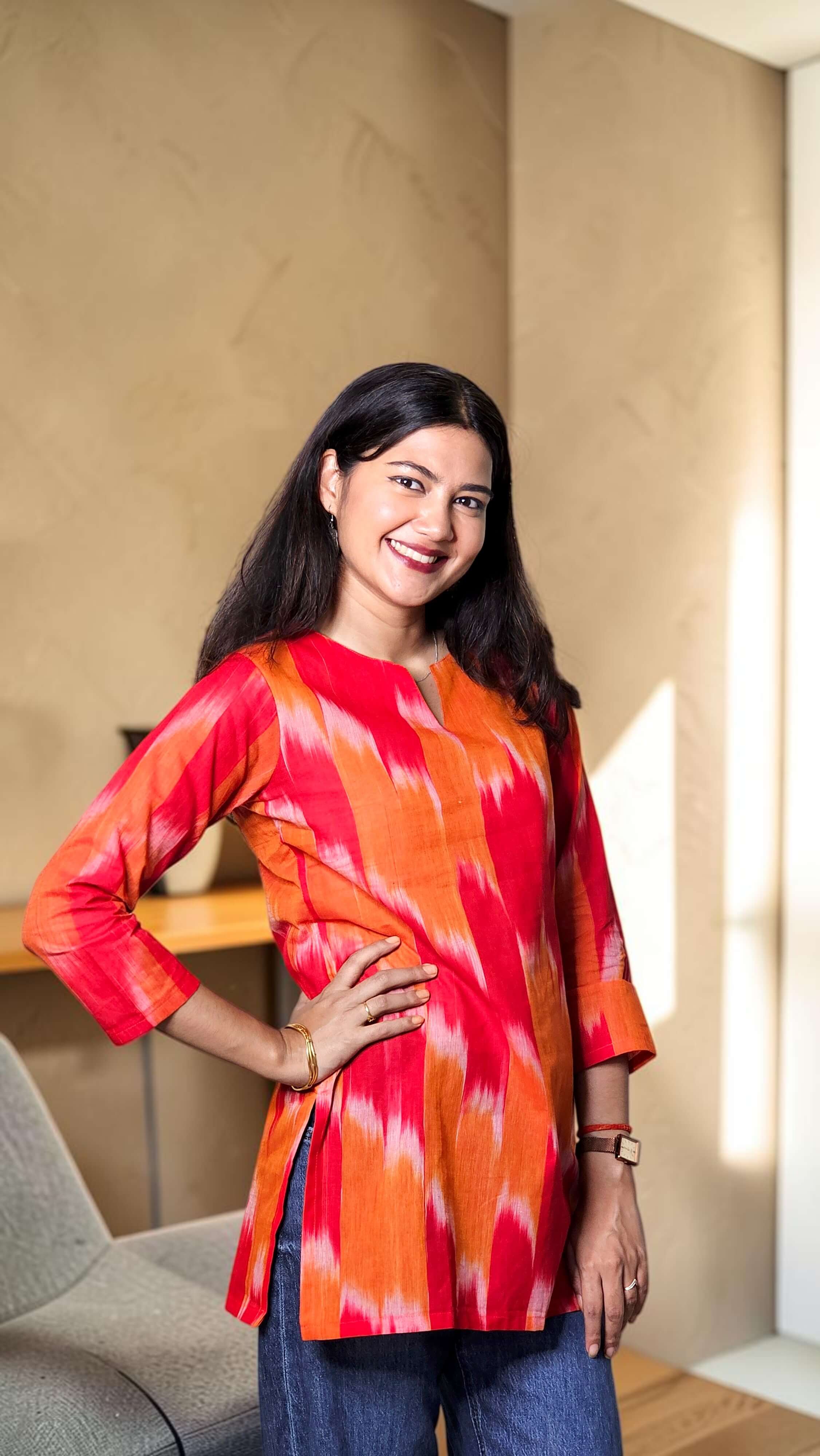 Vanya – Coral Red Ikat Print Khadi Kurta Top - Image 2