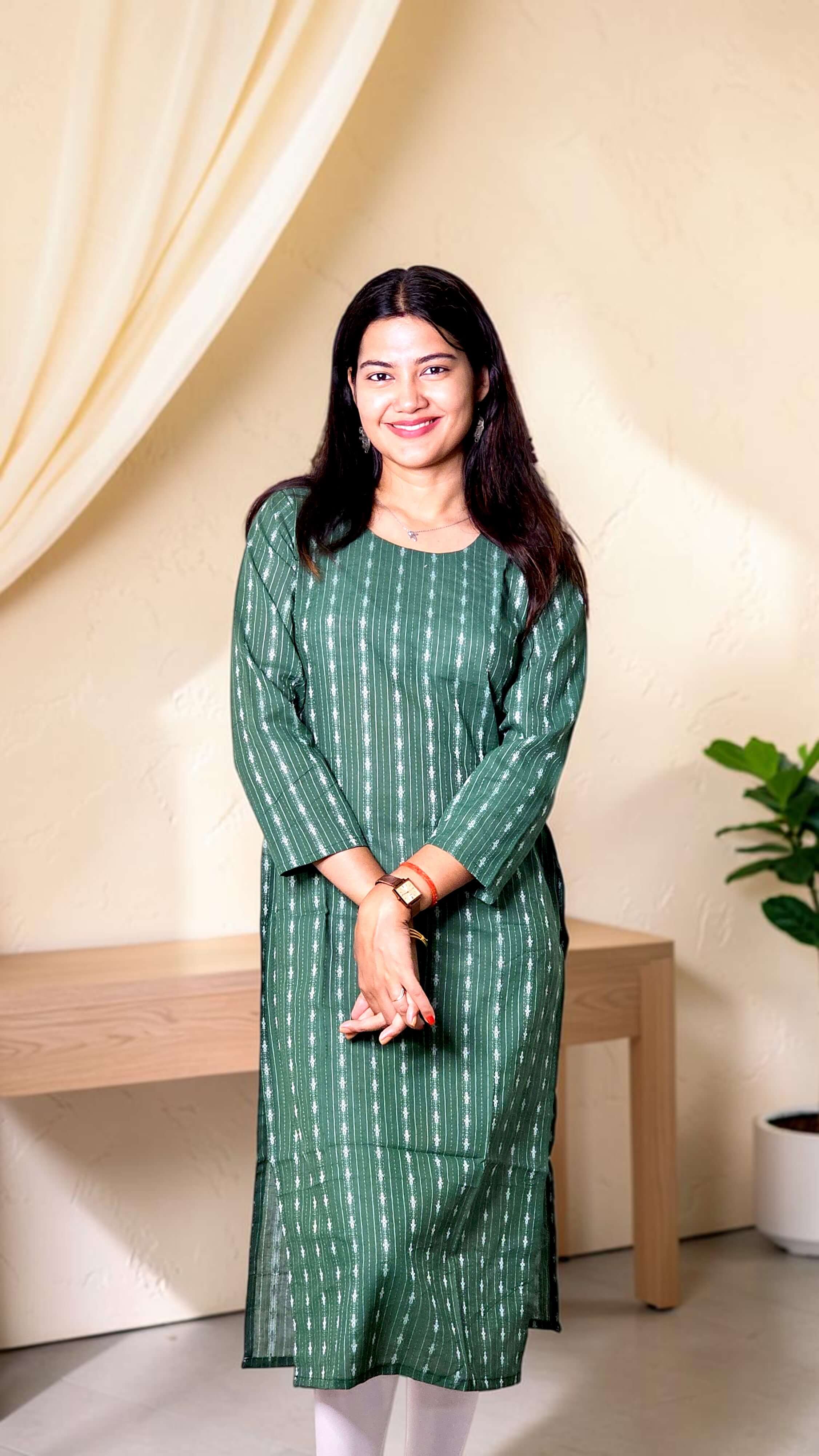 Virelia – Green Katha Cotton Straight Kurta - Image 2