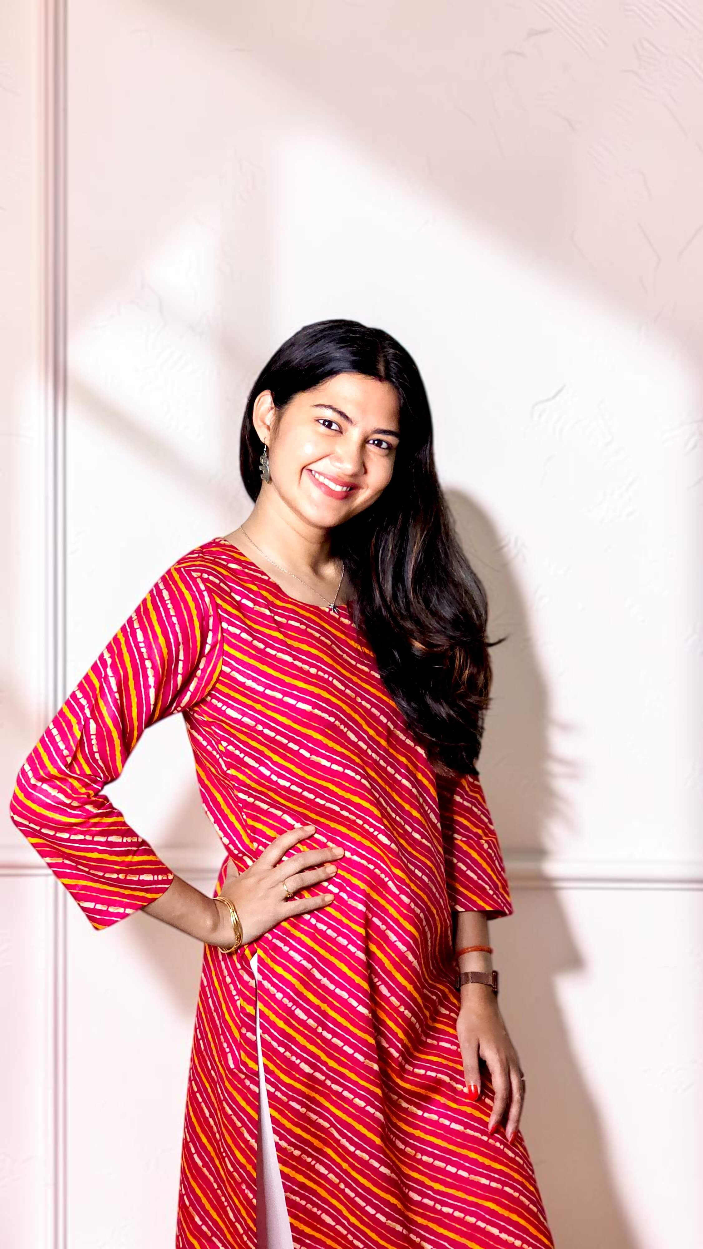 Zareva – Ruby Pink Diagonal Stripe Cotton Straight Kurta - Image 5