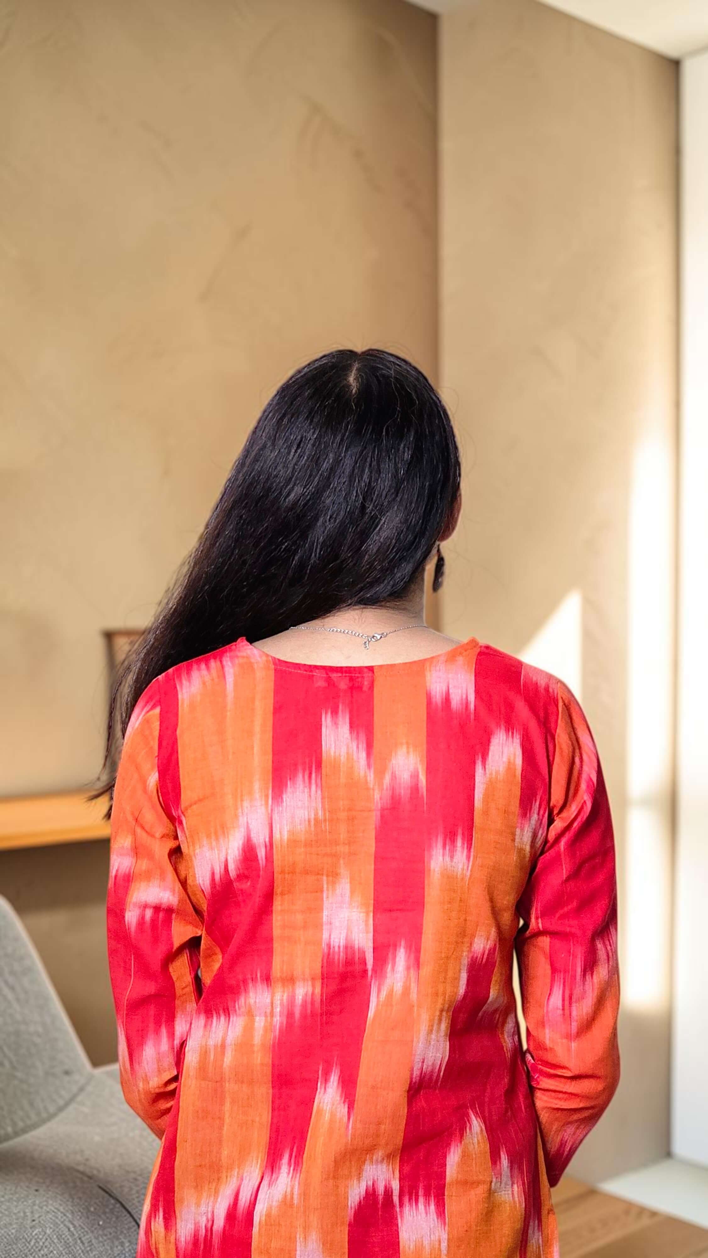 Vanya – Coral Red Ikat Print Khadi Kurta Top - Image 3