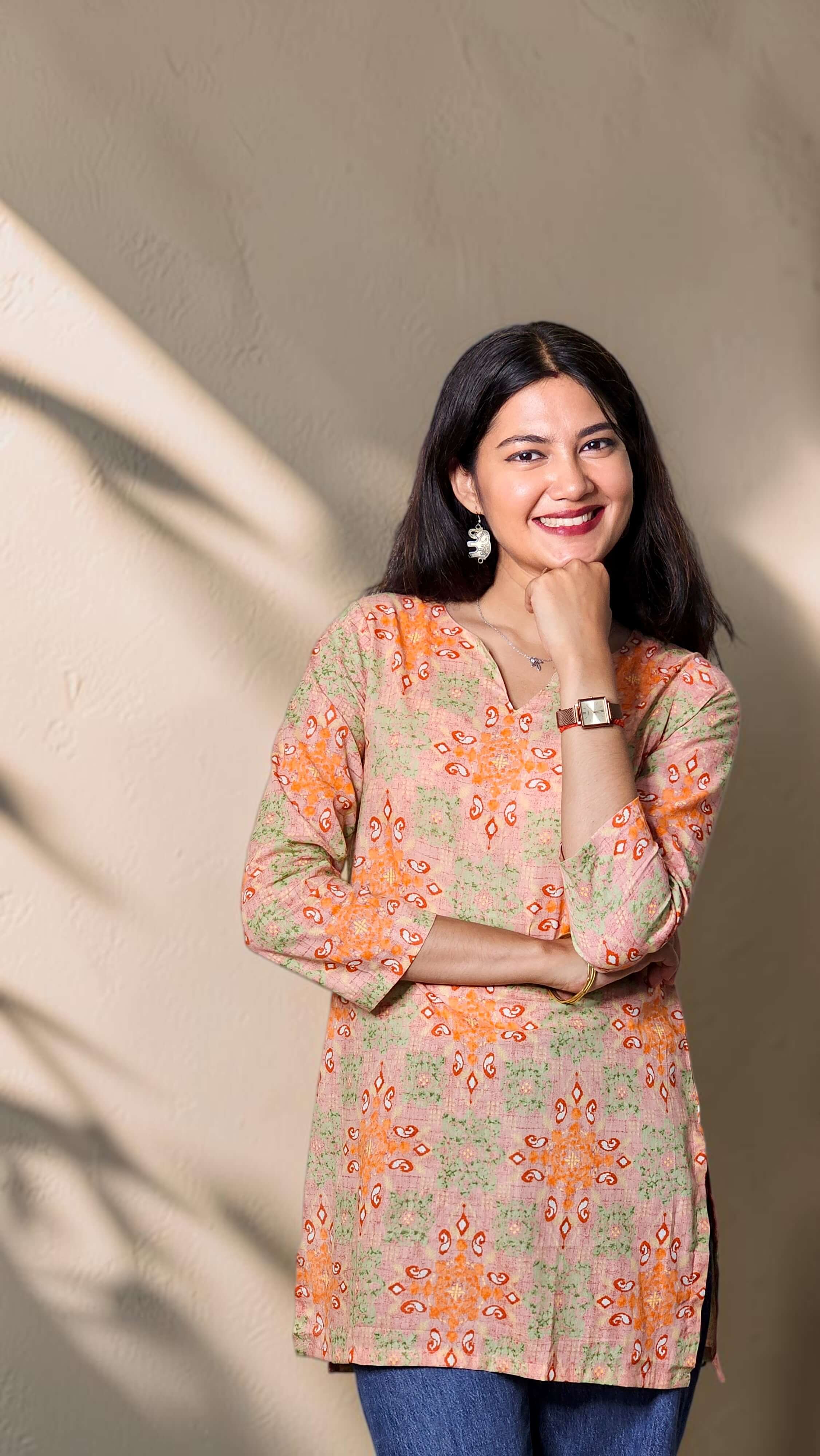 Aarini – Peach Green Printed Cotton Kurta Top - Image 4
