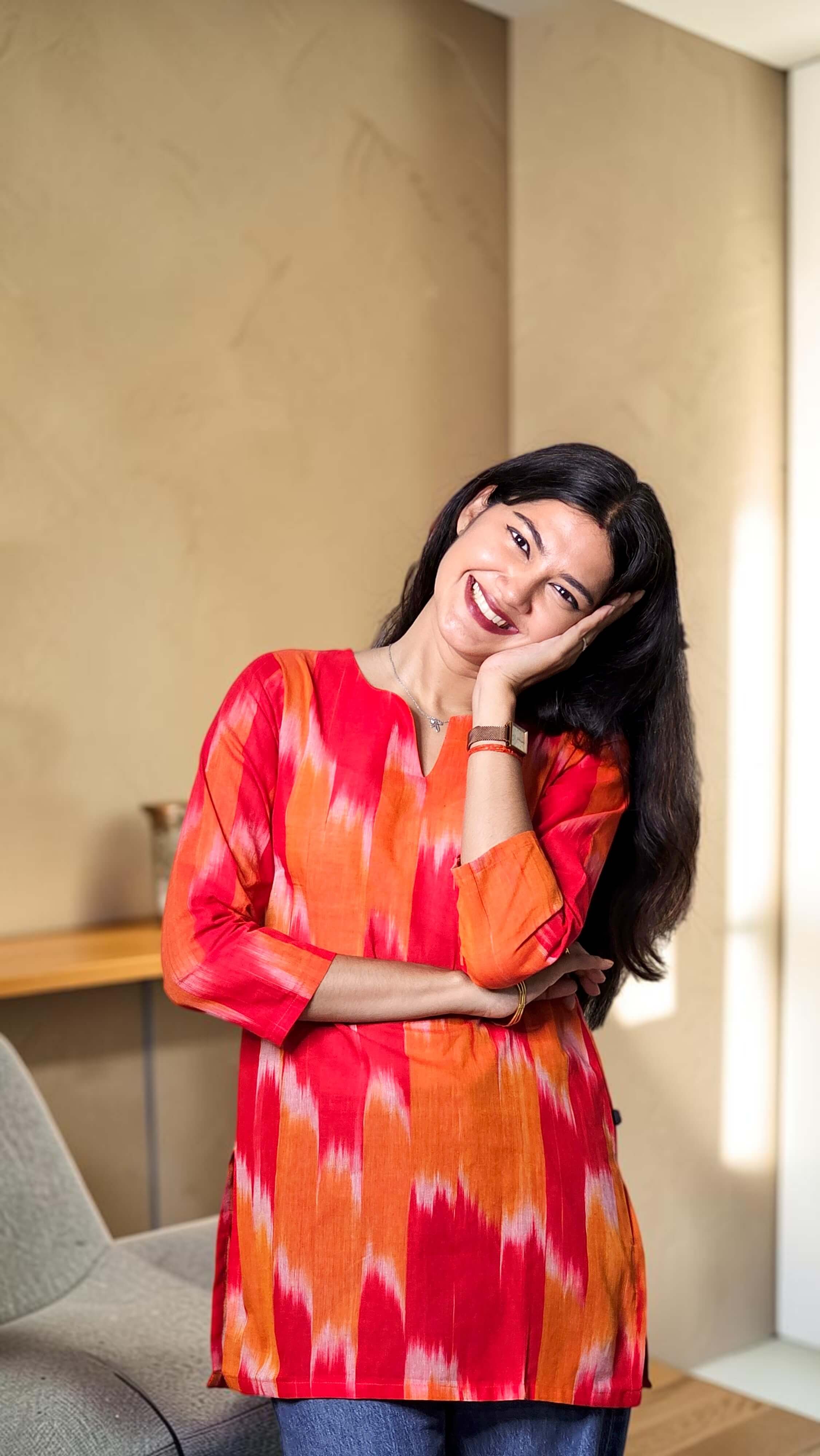 Vanya – Coral Red Ikat Print Khadi Kurta Top - Image 4