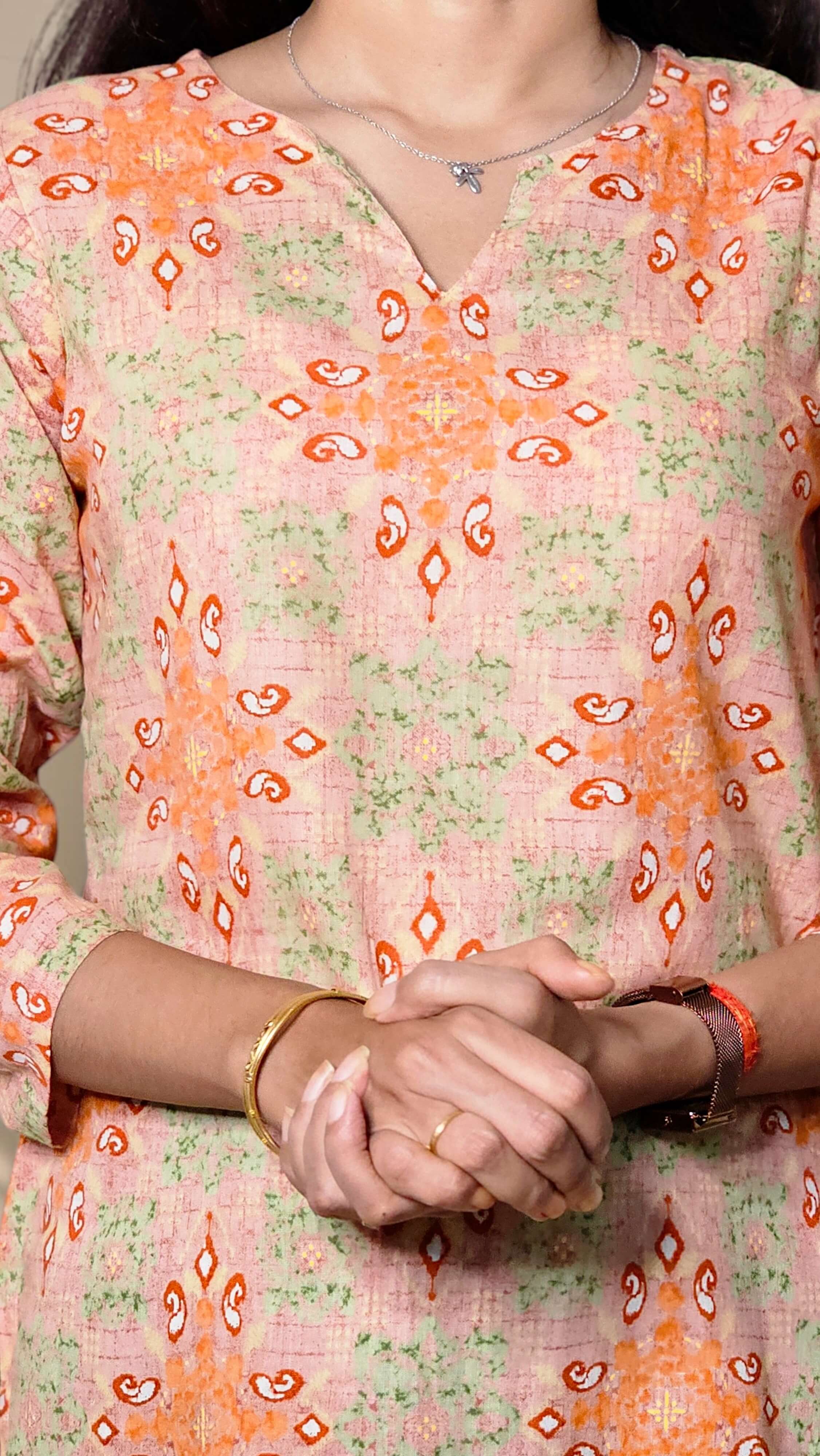 Aarini – Peach Green Printed Cotton Kurta Top - Image 5