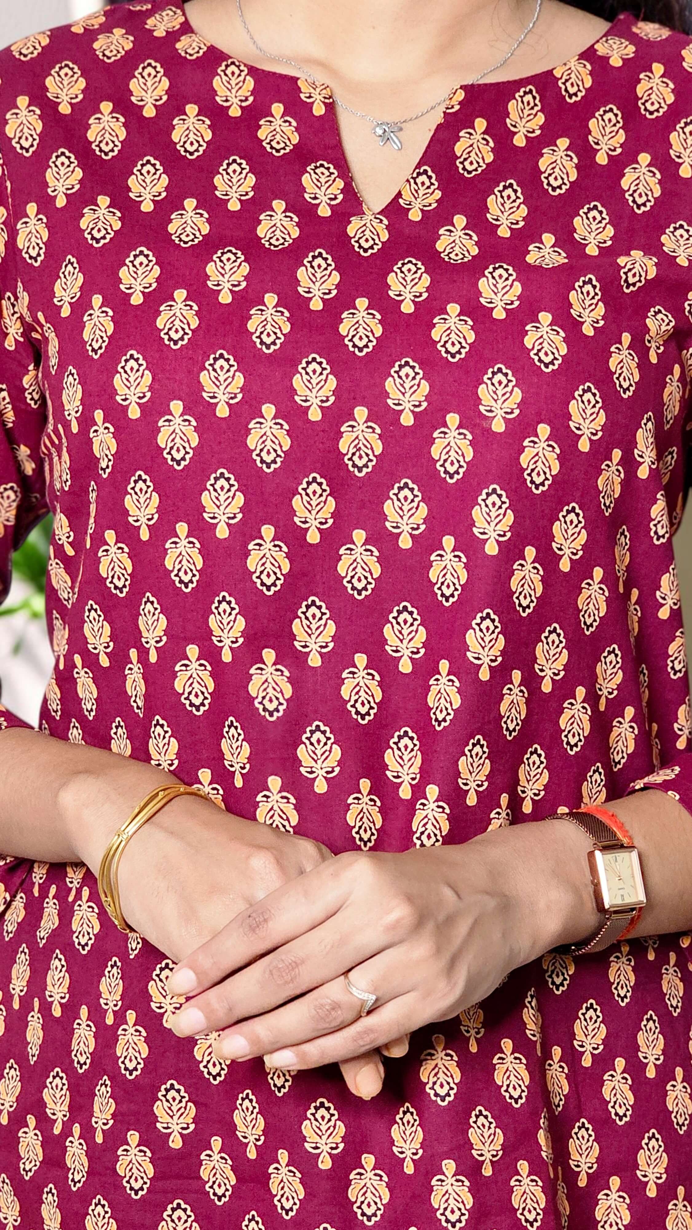 Mehira – Maroon Floral Motif Cotton Kurta Top - Image 5