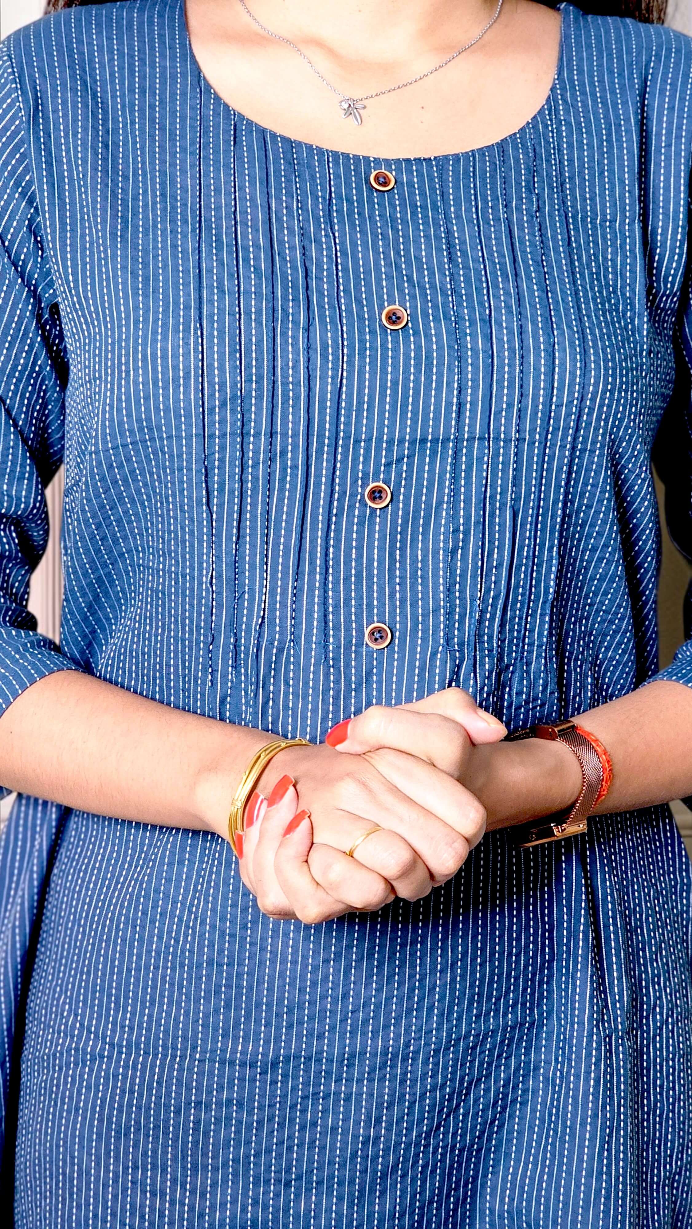 Nivara – Navy Blue Katha Cotton A-Line Kurta - Image 5