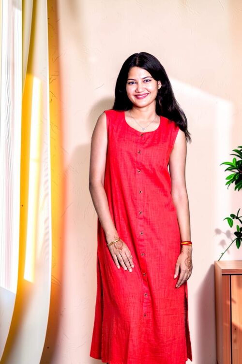 Ruvisha – Coral Red Slub Khadi Kurta & Black Embroidered Palazzo Set