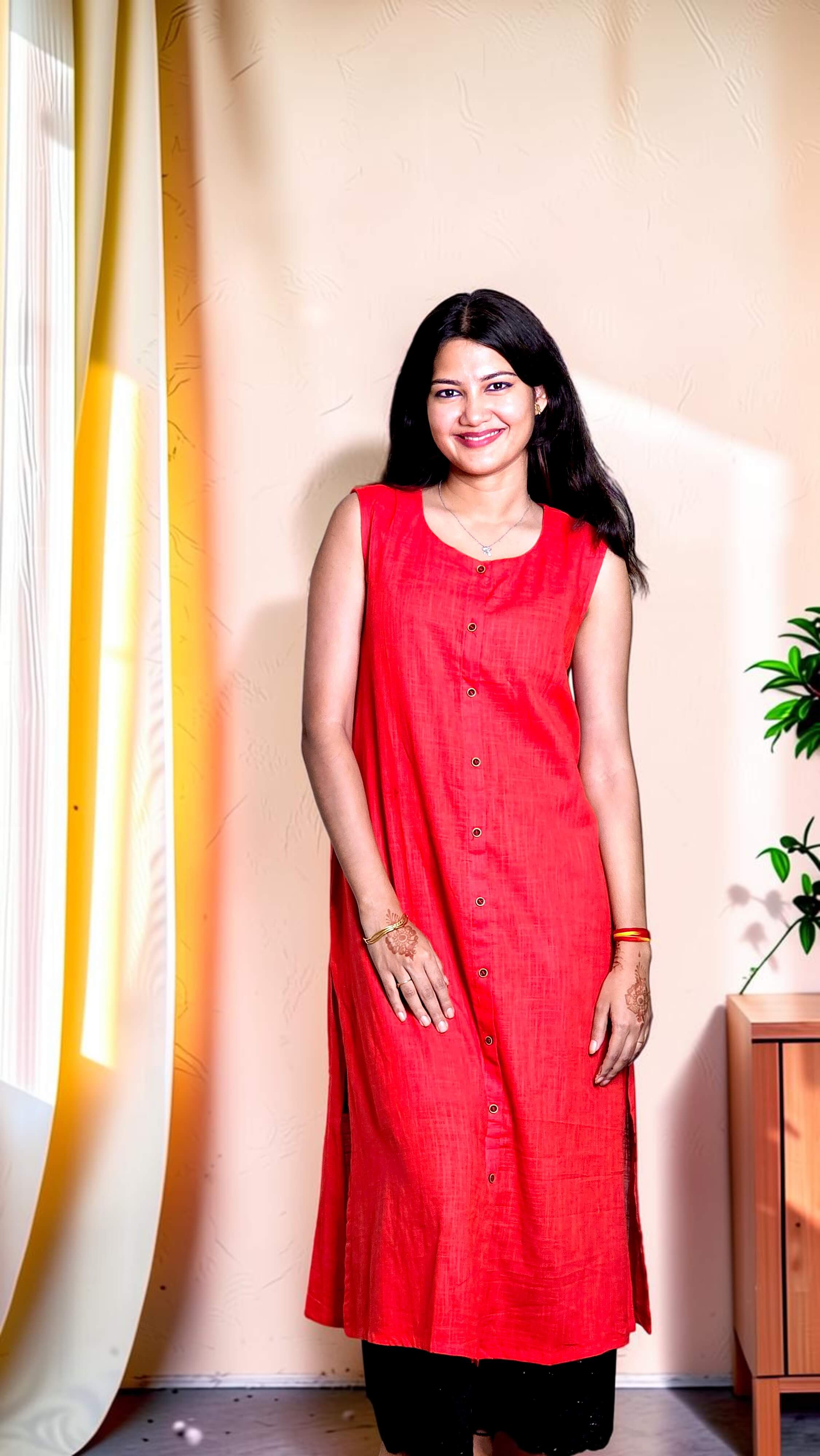 Ruvisha – Coral Red Slub Khadi Kurta & Black Embroidered Palazzo Set