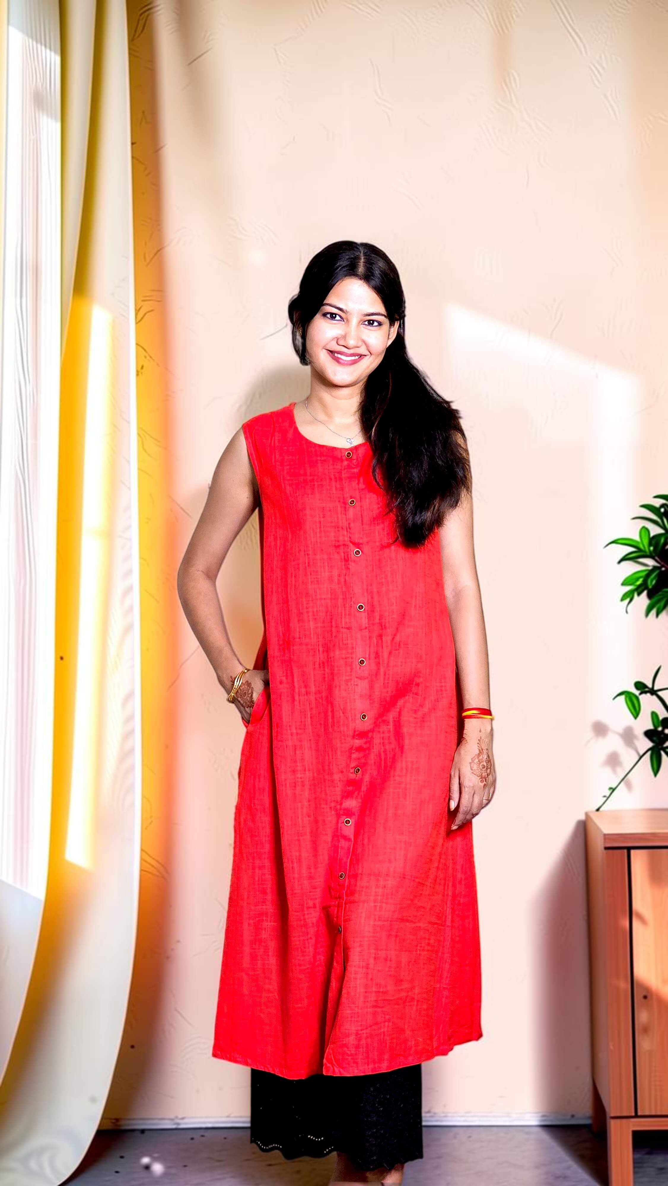 Ruvisha – Coral Red Slub Khadi Kurta & Black Embroidered Palazzo Set - Image 2